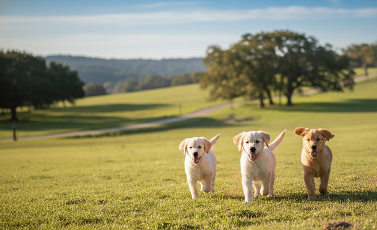 Three happy puppies running in a beautiful countryside setting